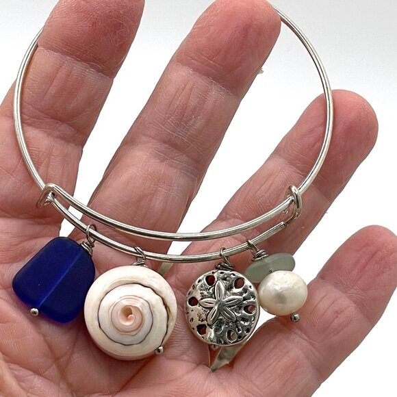 Adjustable Sea Glass Sea Shell Charm Silver Bracelet - Picture 4 of 4
